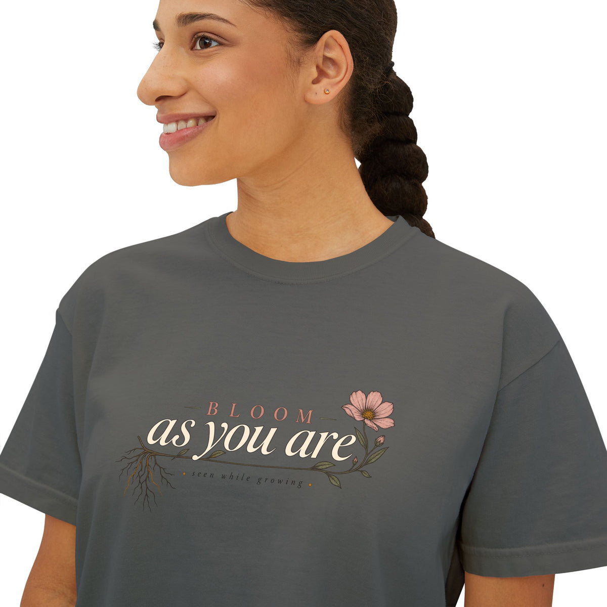 Bloom "As You Are" Boxy Tee – Floral Inspirational Crop Top