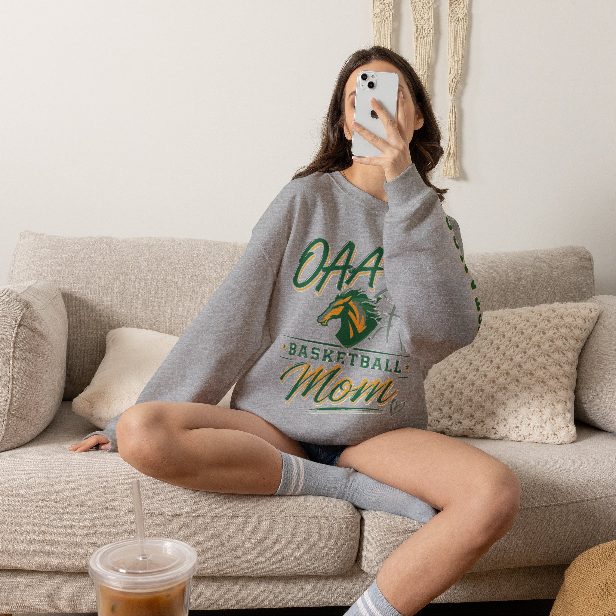 Basketball Mom Crewneck Sweatshirt — OAA Mustangs Sleeve Graphic