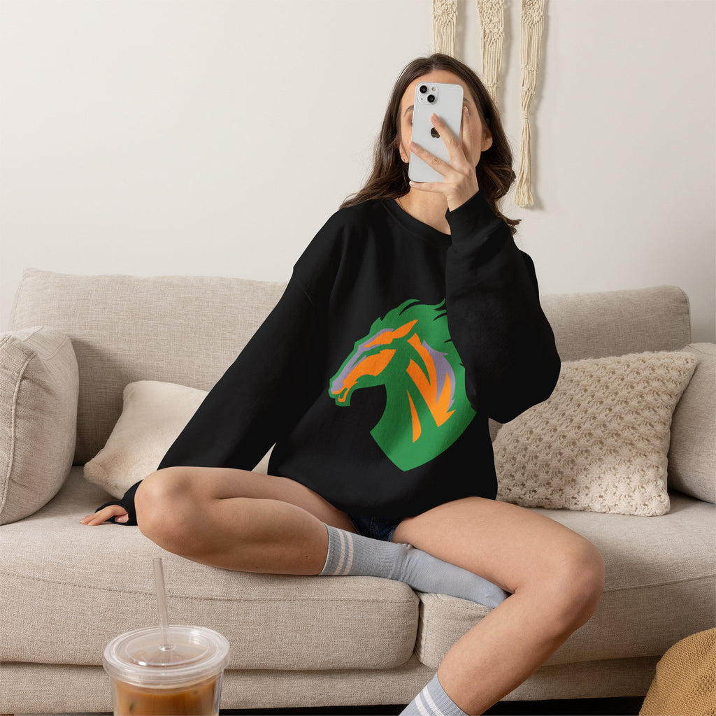 The Mustang Graphic Sweatshirt — Green & Orange Equestrian Logo Crewneck