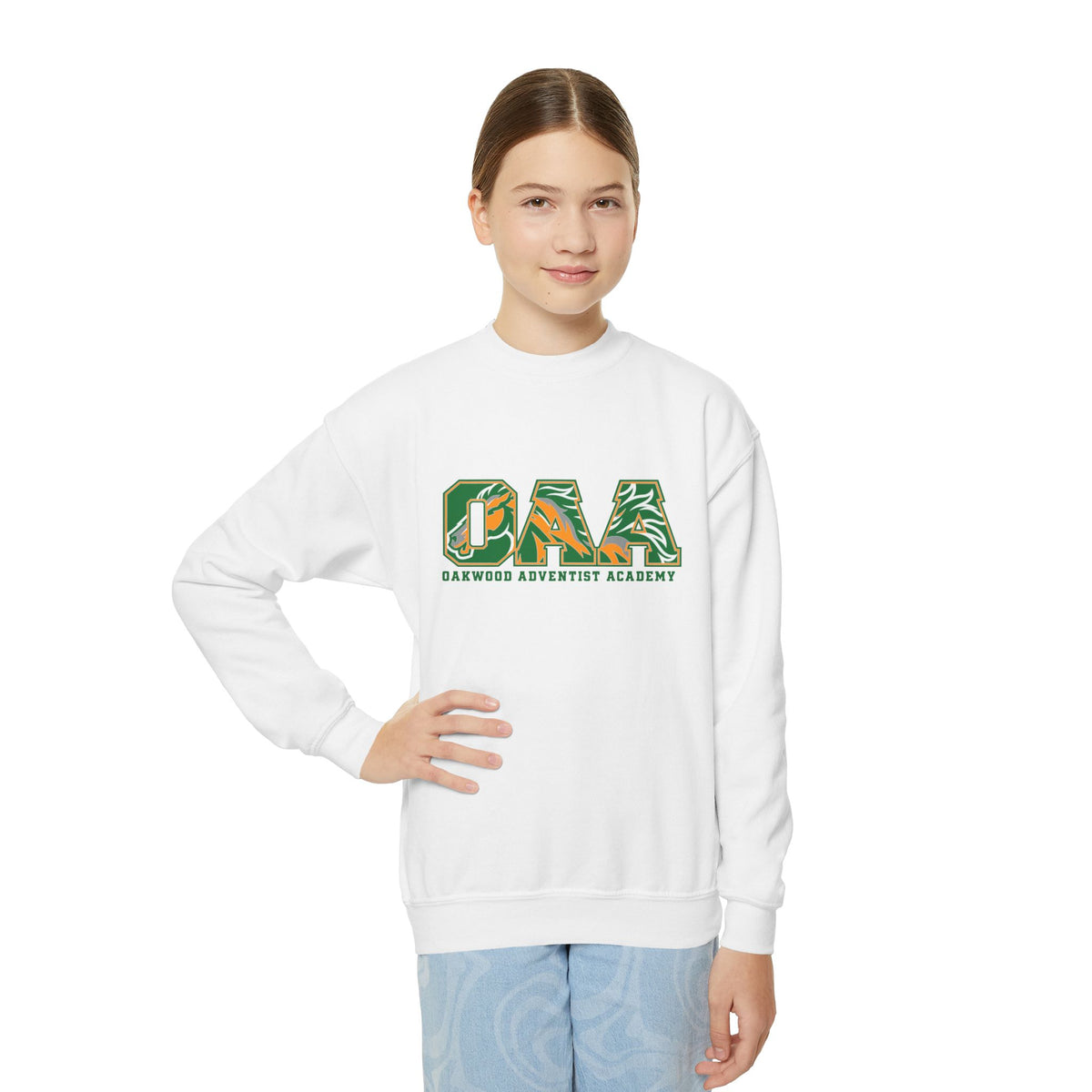Mustang Pride Youth Crewneck Sweatshirt — Green Camouflage Logo
