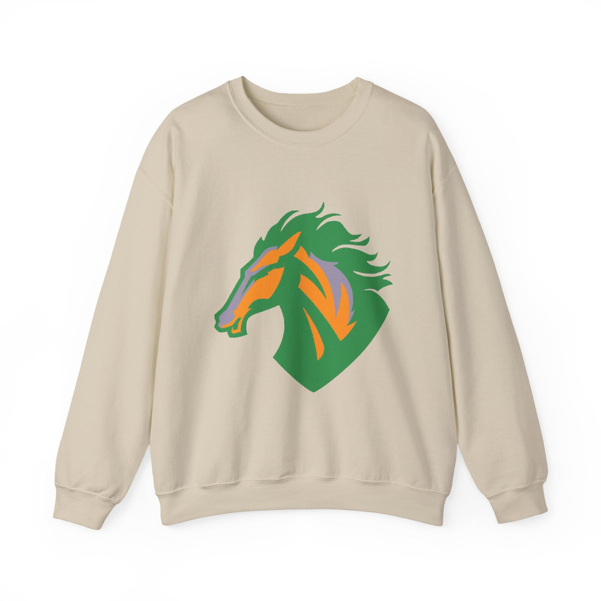 The Mustang Graphic Sweatshirt — Green & Orange Equestrian Logo Crewneck
