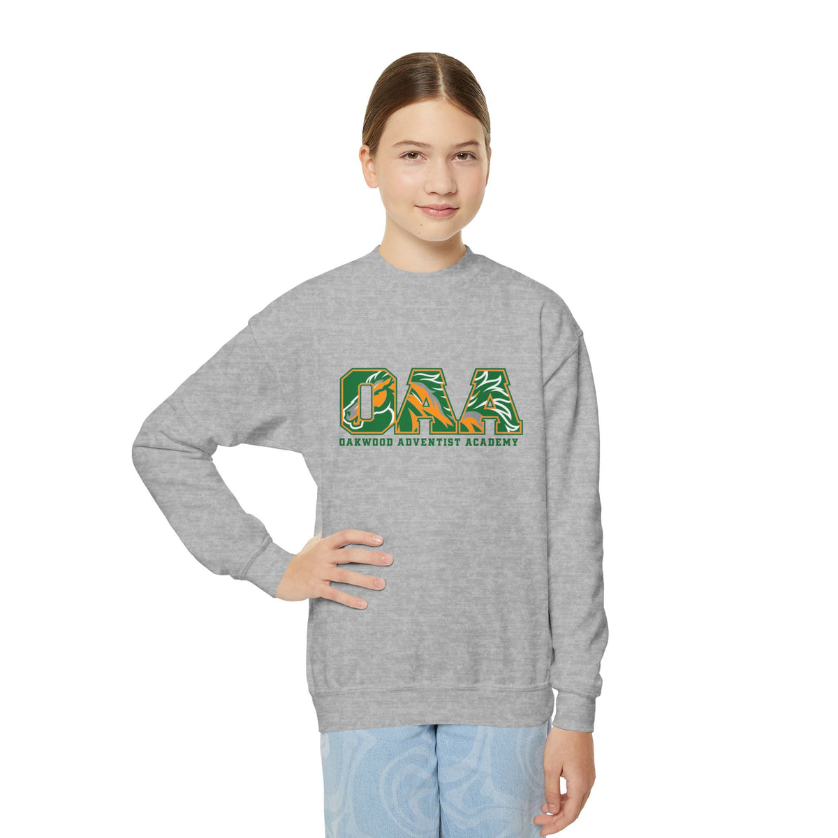Mustang Pride Youth Crewneck Sweatshirt — Green Camouflage Logo